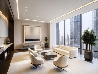 Modern minimalist office, city view, plush seating.