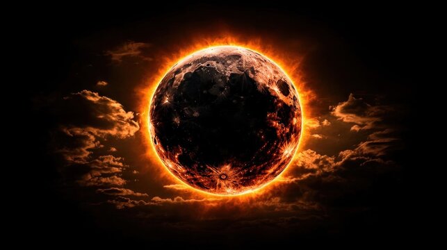 A photostock of a fiery orange solar eclipse captured against a dark sky, symbolizing astronomy and rare celestial events. High Quality
