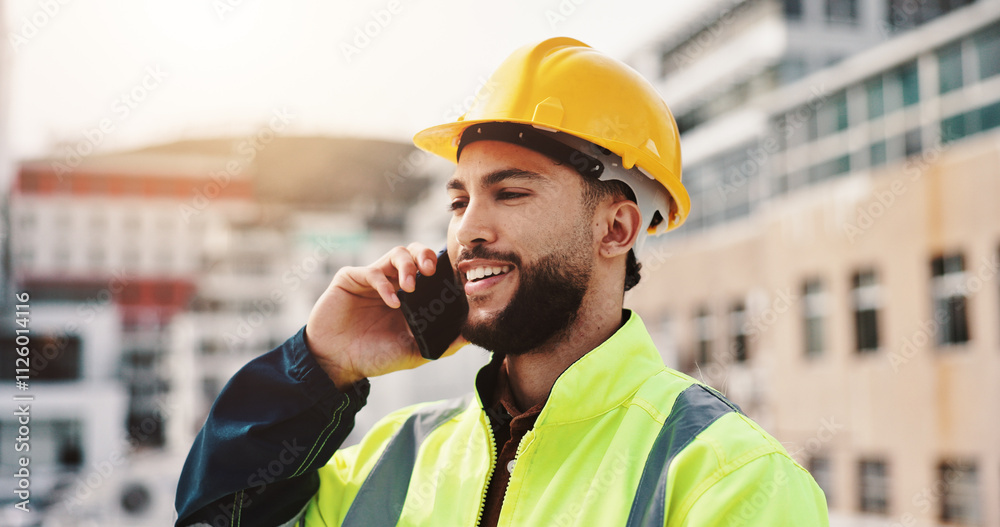 Poster phone call, engineer and inspection with man in city for architecture, building or communication. co