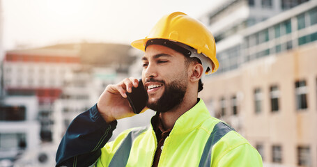 Phone call, engineer and inspection with man in city for architecture, building or communication. Construction site, contractor and project manager with person in outdoor for urban development update