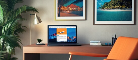 Laptop displaying travel website on desk with tropical scenery framed pictures.