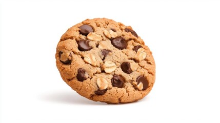 A photostock of a round oatmeal cookie with a crunchy texture, isolated on a white background, ideal for food and snack visuals. High Quality