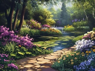 Serene garden path, pond, lush flowers.