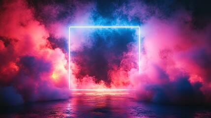 Neon Square Light Illuminates Pink And Blue Smoke