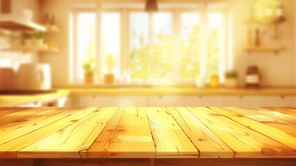 Yellow Empty wooden table with the bright white interior of the kitchen as a blurred background behind the bokeh golden sunshine