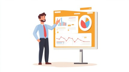 Fototapeta premium A businessman pointing at a large digital screen showing a detailed success strategy with clear steps and targets