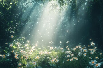Sunlit forest clearing with daisies. Ideal for fantasy, fairytale, or nature themes.