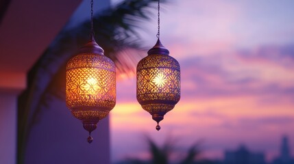 Two ornate lanterns glow against a colorful sunset backdrop.