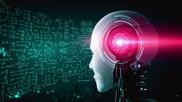hominoid AI robot looking at hologram screen in concept of math calculation and scientific equation analytic using artificial intelligence by machine learning process. 3D rendering.