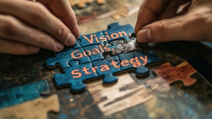 Obraz premium A close-up of hands arranging puzzle pieces labeled 