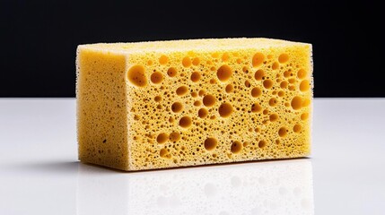 A photostock of a yellow cleaning sponge on a stark white surface, representing hygiene and cleaning concepts. High Quality
