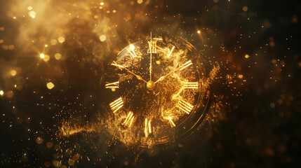 A Radiant Golden Clock Encased in Ethereal Glowing Particles, Symbolizing the Passage of Time in a Mystical and Timeless Atmosphere chrismias day