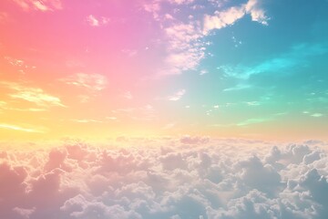 A vibrant sky at sunset above fluffy clouds, creating a serene and dreamy atmosphere.