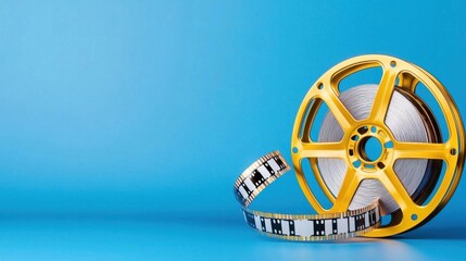 A photostock of an abstract glowing film strip in vivid blue tones against a gradient background, perfect for cinematic and multimedia concepts. High Quality