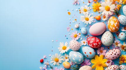Happy Easter background featuring eggs and flowers with space for a message
