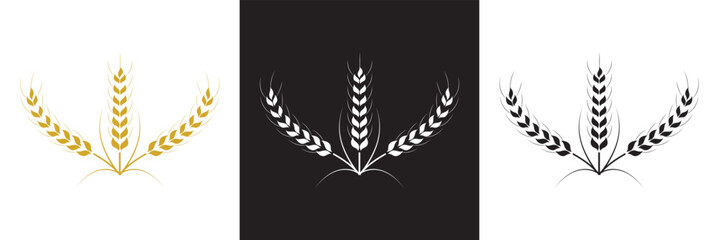 Set of simple wheats ears icons and wheat logo design elements for beer, organic fresh food corn farm, bakery themed agriculture design, grain element,  isolated on white and black background. EPS 10