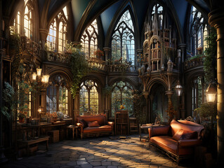 Obraz premium Castle chamber with a vaulted ceiling, stone columns, and tapestries decorating the walls