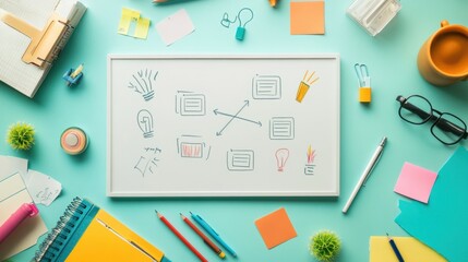 A flat lay of a whiteboard showing a step-by-step strategy to achieve success, surrounded by office supplies and sticky notes