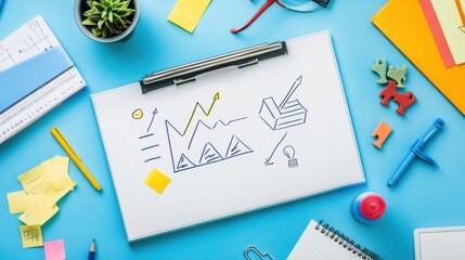 A flat lay of a whiteboard showing a step-by-step strategy to achieve success, surrounded by office supplies and sticky notes
