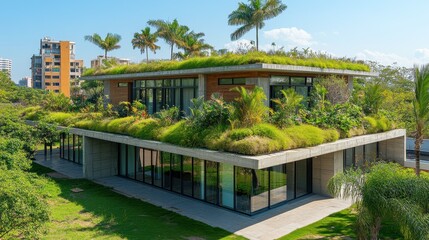 Obraz premium Modern house with a green roof, surrounded by lush tropical plants. Illustrates sustainable architecture & eco-friendly living.