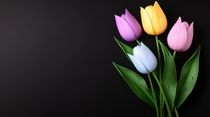 Fototapeta premium Colorful Tulips Bouquet Spring Flowers Dew Drops Dark Background