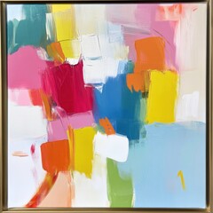 Abstract painting, vibrant colors, framed canvas.