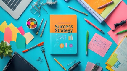 A vibrant desk setup featuring a planner with "Success Strategy" on the cover, surrounded by office tools and graphs