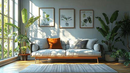 Sunlit living room with plants, sofa, and botanical prints.