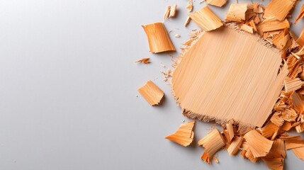 A photostock of classic wooden shavings scattered randomly on a plain surface, emphasizing woodworking and crafting themes. High Quality
