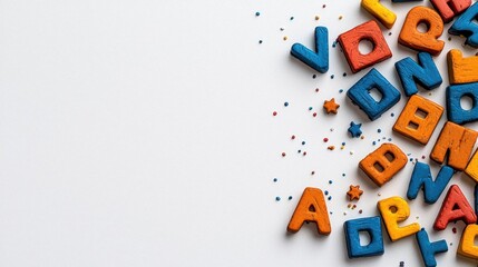 A photostock of colorful magnetic alphabet letters scattered randomly on a white background, ideal for educational and playful themes. High Quality