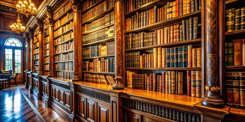 Obraz premium Stunning Library Bookshelf Photography: Wooden Shelves, Books, Reading Nook, Vintage Library, Classic Books, Interior Design, Home Decor, Bookcase, Literature, Knowledge.