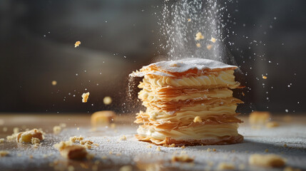 a deliciously stacked pastry or dessert, layered with creamy filling, and topped with a dusting of powdered sugar falling dramatically from above. Crumbs are scattered around, adding a dynamic and art