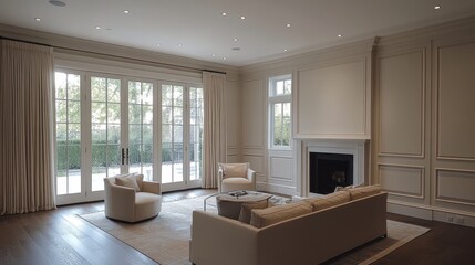 Elegant living room with fireplace, large windows, and beige furniture. Ideal for showcasing luxury real estate, interior design, or home decor.