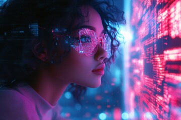 Woman with futuristic glasses gazing at glowing code. Illustrates technology, programming, or digital innovation.