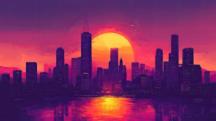 Obraz premium Vibrant sunset over a cityscape reflected in water.