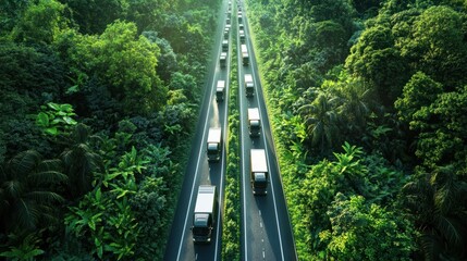 A fleet of electric trucks traveling on a highway surrounded by lush greenery, representing sustainable global logistics