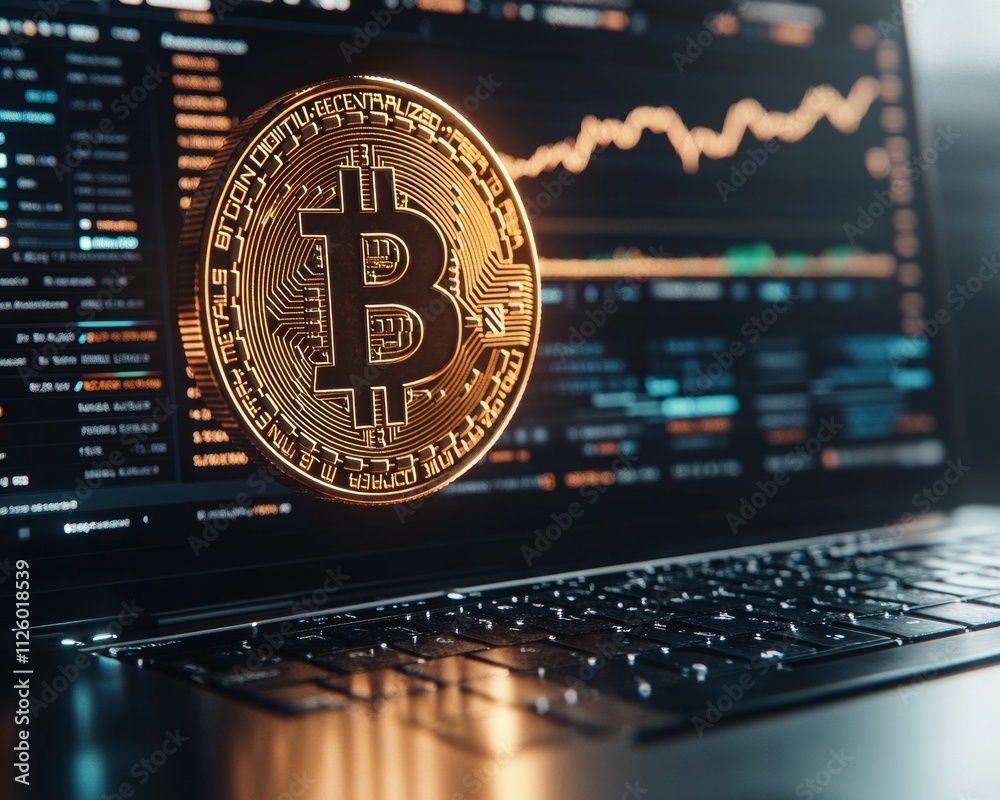 Aufkleber futuristic bitcoin and trading graph on laptop in modern workspace