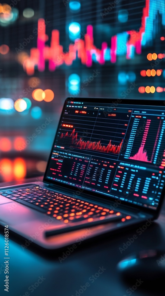Poster dynamic cryptocurrency analysis on laptop with futuristic holographic graphics