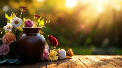Sunlit setting of a vase with floral brilliance