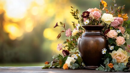 A floral embrace around a classic urn in nature's lap.