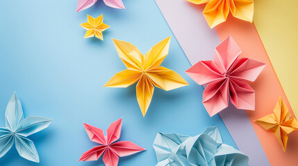  a colorful arrangement of origami flowers on a pastel-colored background, creating a cheerful and artistic display The paper flowers are in shades of yellow, pink, and light blue