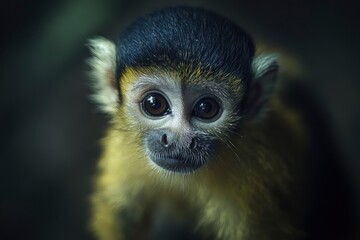 Obraz premium Black-Capped Squirrel Monkey (Saimiri boliviensis) is a small South American primate found in Bolivia, Brazil and Peru. Being omnivorous, it feeds on insects, eggs, fruits, flowers and vertebrates. 