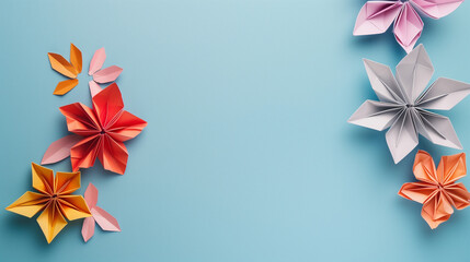  a colorful arrangement of origami flowers on a pastel-colored background, creating a cheerful and artistic display The paper flowers are in shades of yellow, pink, and light blue