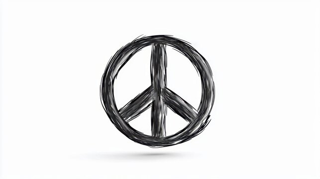 A photostock of a bold, hand-drawn peace symbol painted in black on a seamless white background, ideal for themes of activism and unity. High Quality