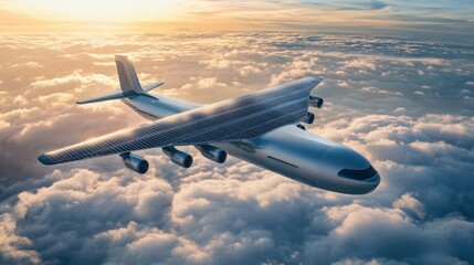 Fototapeta premium A futuristic cargo plane with solar panels on its wings flying above clouds, showcasing clean energy solutions for global transport
