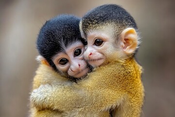 Obraz premium Black-Capped Squirrel Monkey (Saimiri boliviensis) is a small South American primate found in Bolivia, Brazil and Peru. Being omnivorous, it feeds on insects, eggs, fruits, flowers and vertebrates. 