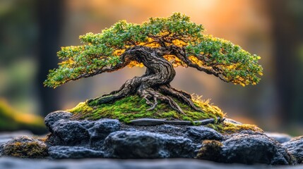 Sunrise illuminates a miniature bonsai tree on a mossy rock.
