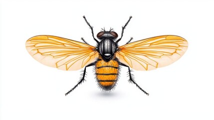 A photostock of an isolated black fly placed on a seamless white background, capturing intricate wing details and texture. High Quality