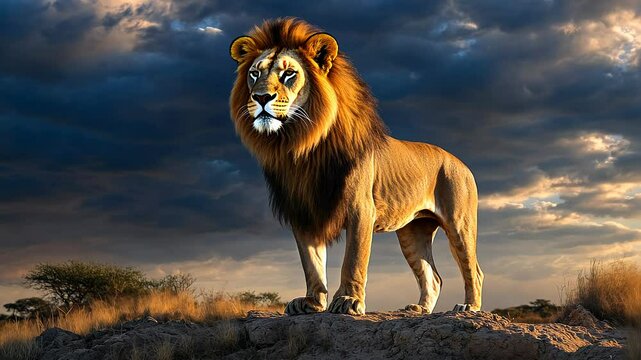 Majestic lion standing on rocky terrain under dramatic sky, wildlife photography concept