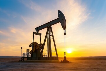 Oil pumpjack in desert landscape at sunset with dramatic sky
